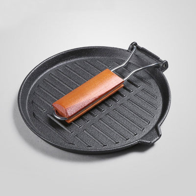 SOGA 2X 24cm Round Ribbed Cast Iron Steak Frying Grill Skillet Pan with Folding Wooden Handle Payday Deals