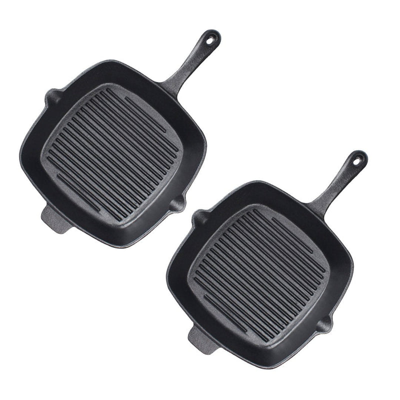 SOGA 2X 26cm Square Ribbed Cast Iron Frying Pan Skillet Steak Sizzle Platter with Handle Payday Deals