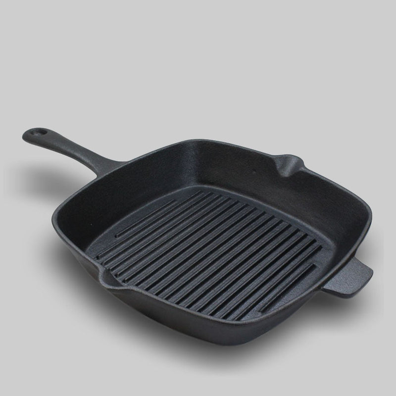 SOGA 2X 26cm Square Ribbed Cast Iron Frying Pan Skillet Steak Sizzle Platter with Handle Payday Deals