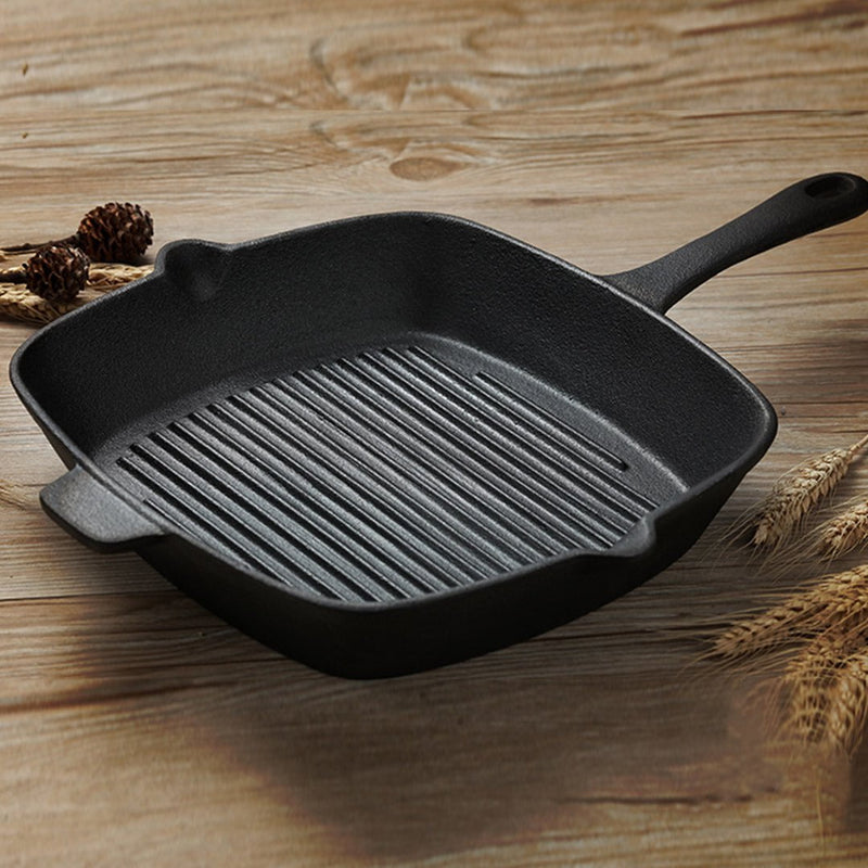 SOGA 2X 26cm Square Ribbed Cast Iron Frying Pan Skillet Steak Sizzle Platter with Handle Payday Deals