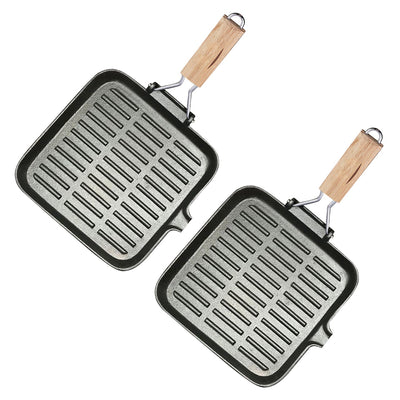 SOGA 2X 28cm Ribbed Cast Iron Square Steak Frying Grill Skillet Pan with Folding Wooden Handle