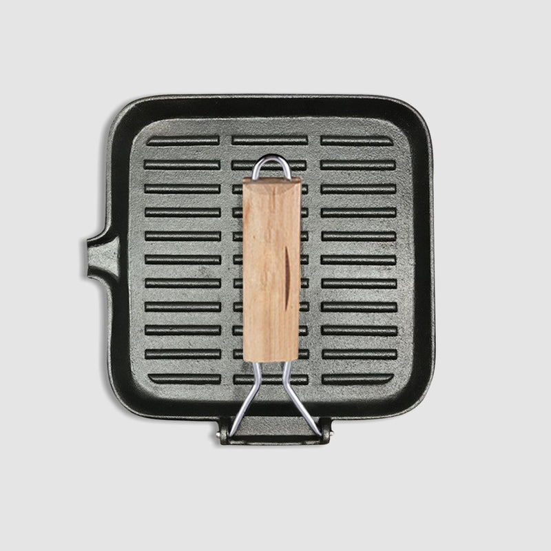 SOGA 2X 28cm Ribbed Cast Iron Square Steak Frying Grill Skillet Pan with Folding Wooden Handle Payday Deals