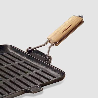 SOGA 2X 28cm Ribbed Cast Iron Square Steak Frying Grill Skillet Pan with Folding Wooden Handle Payday Deals