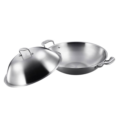 SOGA 2X 3-Ply 42cm Stainless Steel Double Handle Wok Frying Fry Pan Skillet with Lid Payday Deals