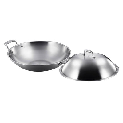 SOGA 2X 3-Ply 42cm Stainless Steel Double Handle Wok Frying Fry Pan Skillet with Lid Payday Deals