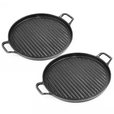 SOGA 2X 30cm Ribbed Cast Iron Frying Pan Skillet Coating Steak Sizzle Platter