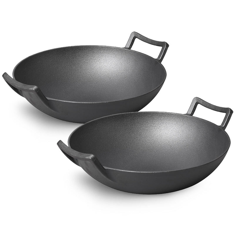 SOGA 2X 32cm Commercial Cast Iron Wok FryPan Fry Pan with Double Handle Payday Deals