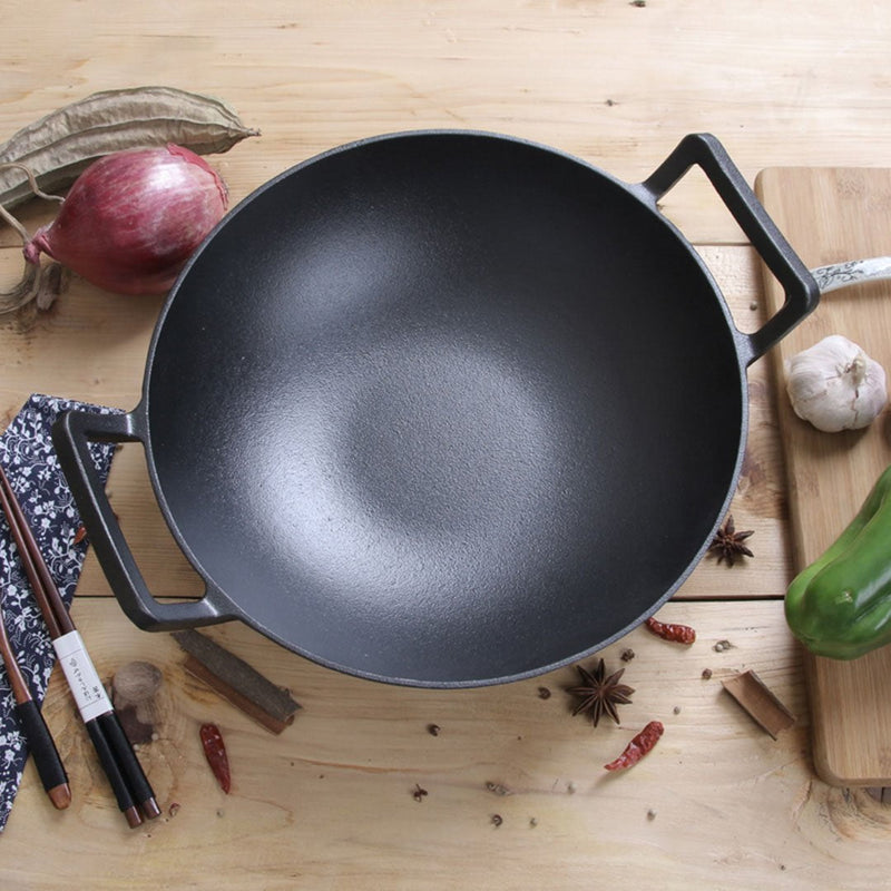 SOGA 2X 32cm Commercial Cast Iron Wok FryPan Fry Pan with Double Handle Payday Deals