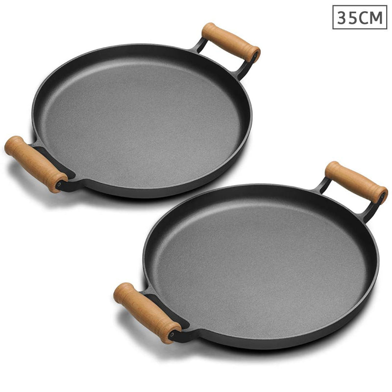 SOGA 2X 35cm Cast Iron Frying Pan Skillet Steak Sizzle Fry Platter With Wooden Handle No Lid Payday Deals