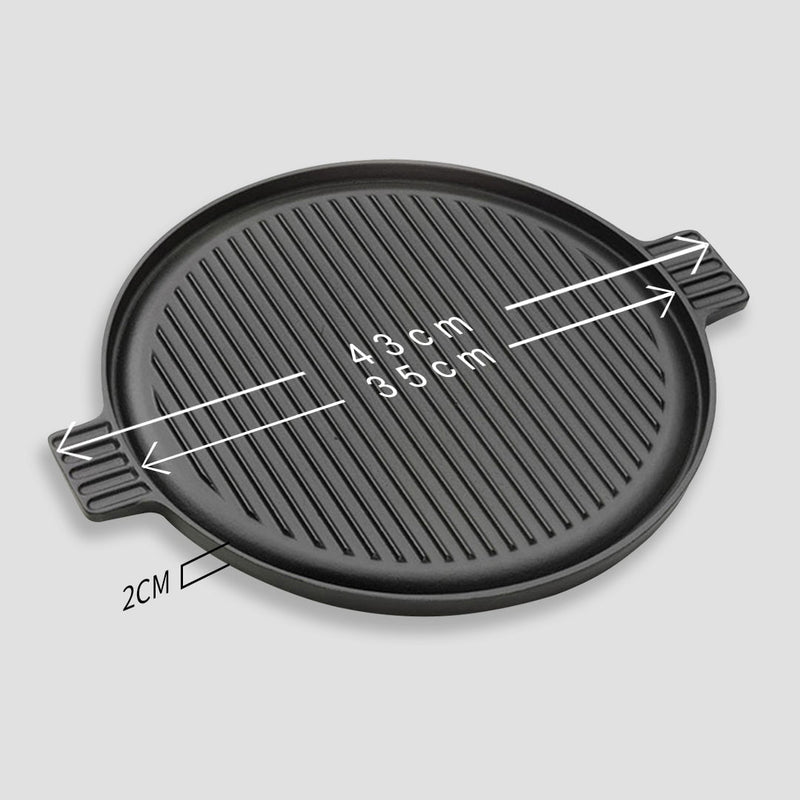 SOGA 2X 43cm Round Ribbed Cast Iron Frying Pan Skillet Steak Sizzle Platter with Handle Payday Deals