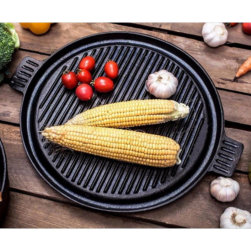 SOGA 2X 43cm Round Ribbed Cast Iron Frying Pan Skillet Steak Sizzle Platter with Handle Payday Deals