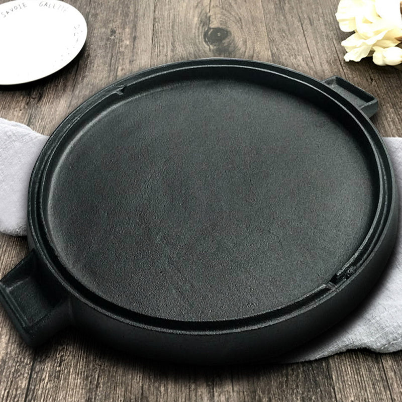 SOGA 2X 43cm Round Ribbed Cast Iron Frying Pan Skillet Steak Sizzle Platter with Handle Payday Deals