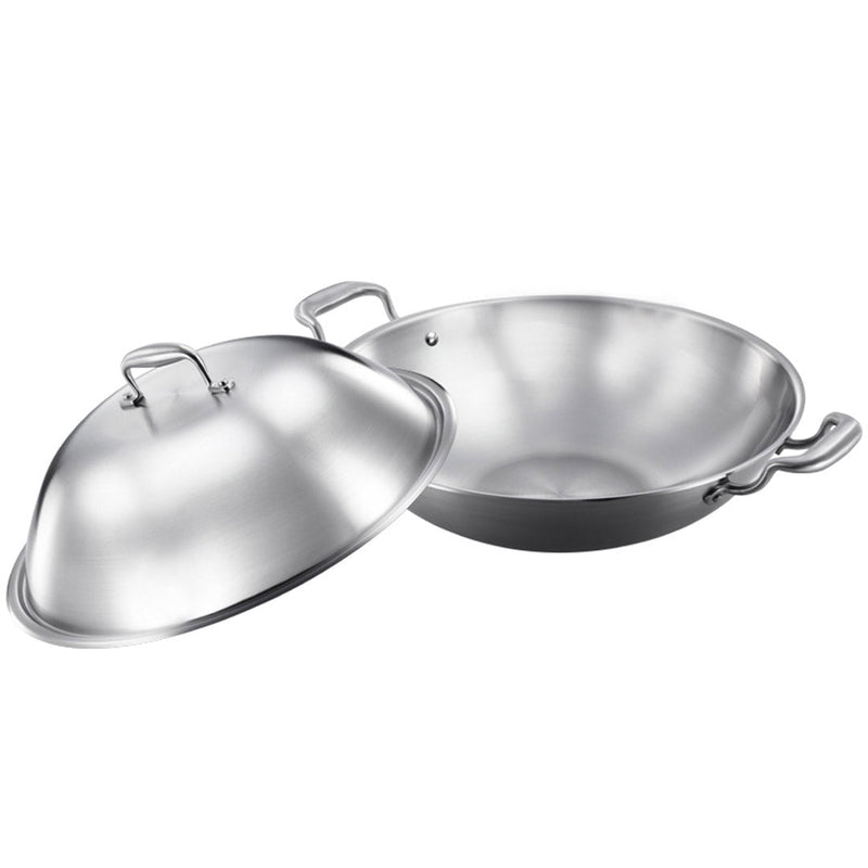 SOGA 3-Ply 38cm Stainless Steel Double Handle Wok Frying Fry Pan Skillet with Lid Payday Deals