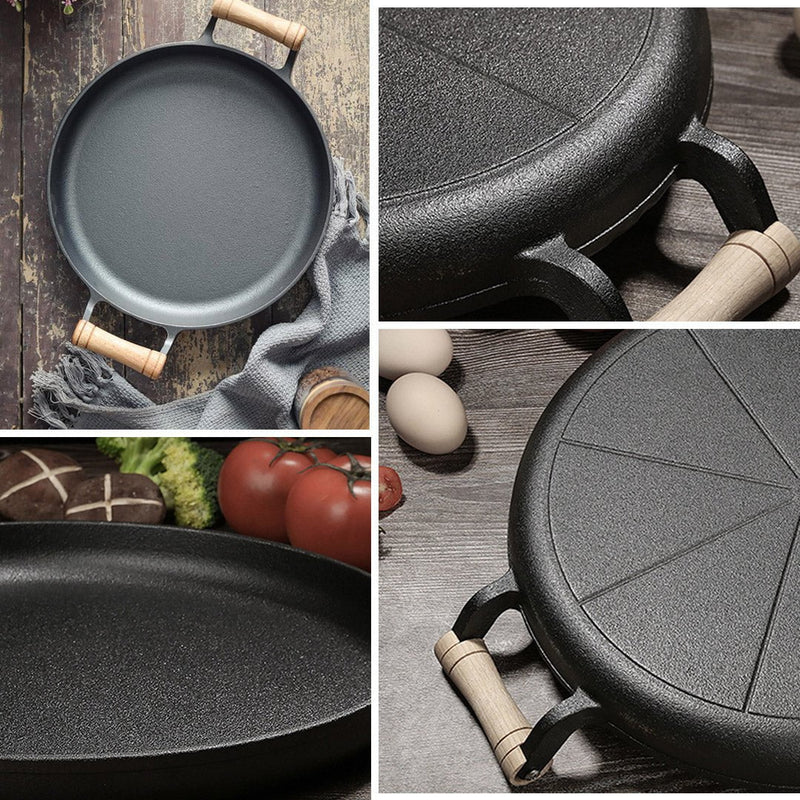 SOGA 31cm Cast Iron Frying Pan Skillet Steak Sizzle Fry Platter With Wooden Handle No Lid Payday Deals