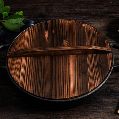 SOGA 33cm Round Cast Iron Pre-seasoned Deep Baking Pizza Frying Pan Skillet with Wooden Lid Payday Deals