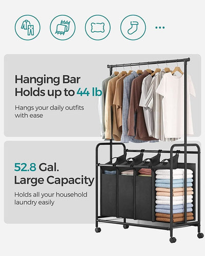 SONGMICS 4-Bag Laundry Sorter Rolling Cart with Hanging Bar Heavy-Duty Wheels Black RLS44B Payday Deals