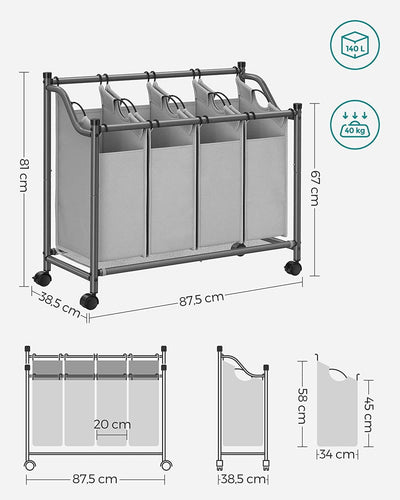 SONGMICS Laundry Basket with 4 Removable Laundry Bin on Wheels Gray LSF005GS Payday Deals