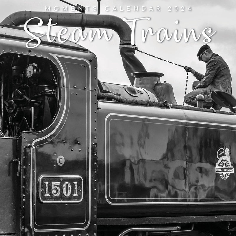 Steam Trains - 2024 Square Wall Calendar 16 Month Black & White Planner New Year Payday Deals