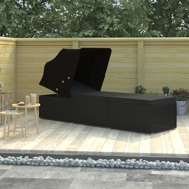 Sun Lounger with Canopy and Cushion Poly Rattan Black Payday Deals