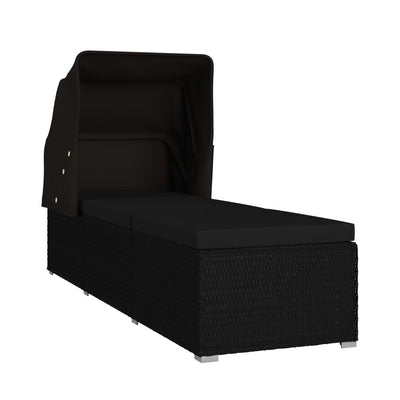 Sun Lounger with Canopy and Cushion Poly Rattan Black Payday Deals