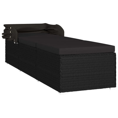 Sun Lounger with Canopy and Cushion Poly Rattan Black Payday Deals