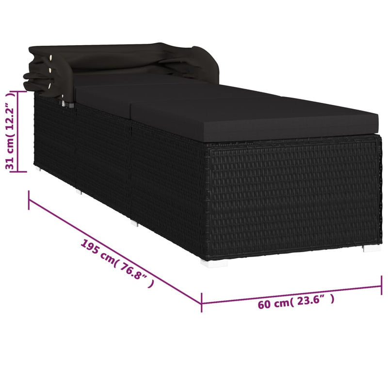Sun Lounger with Canopy and Cushion Poly Rattan Black Payday Deals