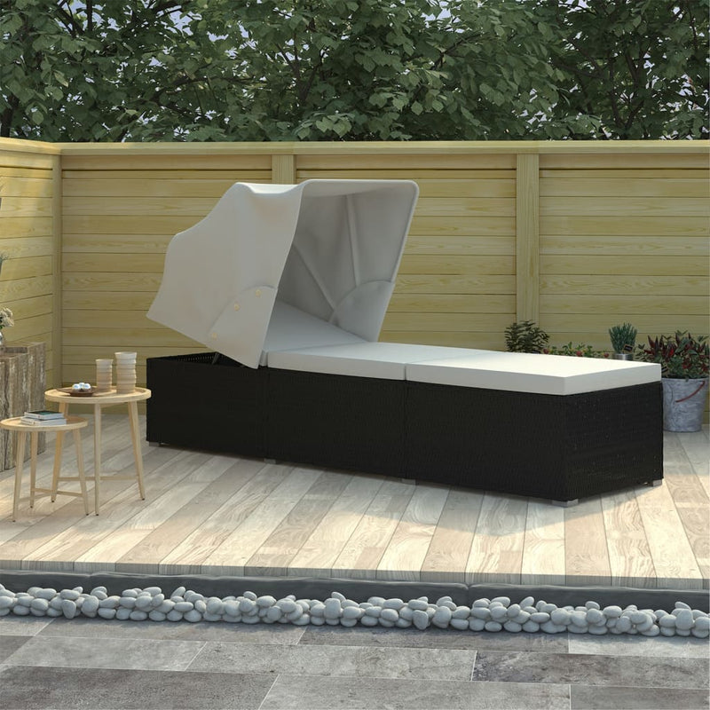 Sun Lounger with Canopy and Cushion Poly Rattan Cream White Payday Deals