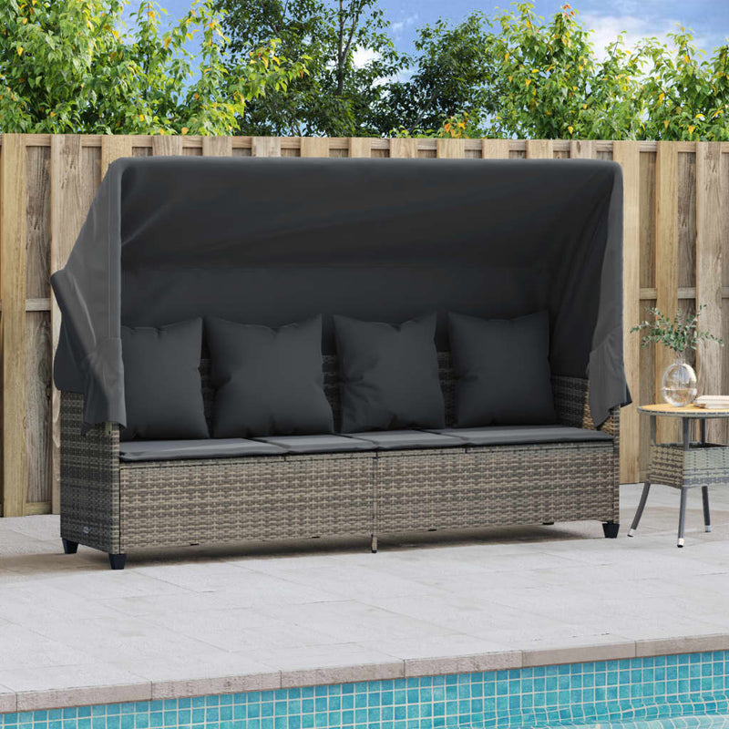 Sun Lounger with Canopy and Cushions Grey Poly Rattan Payday Deals