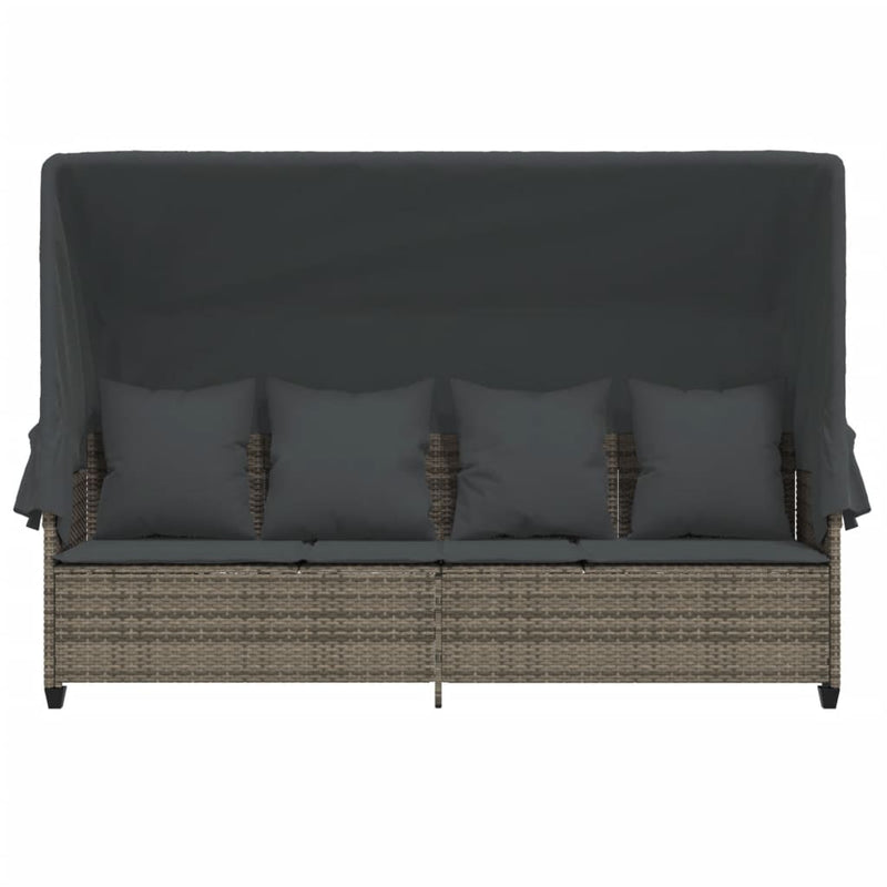 Sun Lounger with Canopy and Cushions Grey Poly Rattan Payday Deals