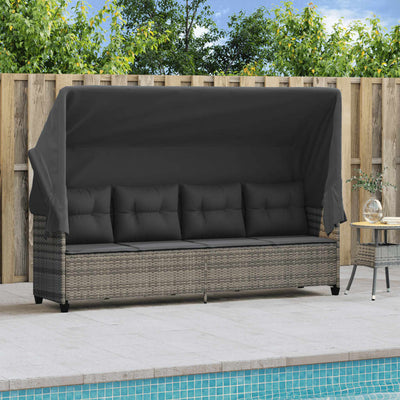 Sun Lounger with Canopy and Cushions Grey Poly Rattan Payday Deals