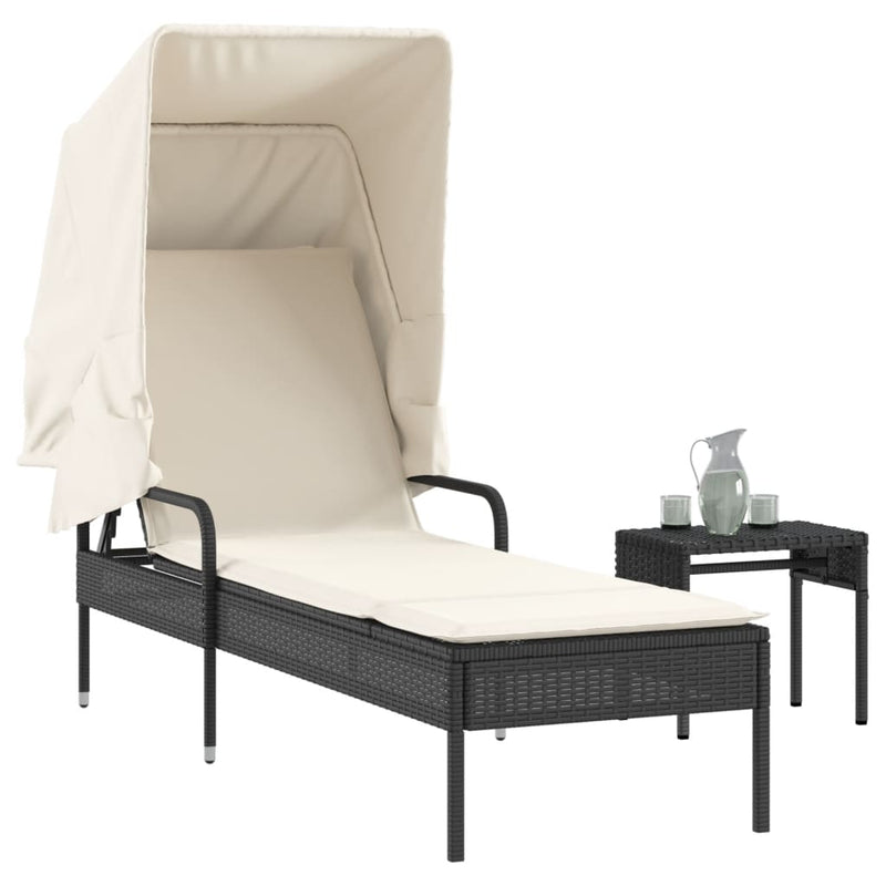Sun Lounger with Canopy and Table Black Poly Rattan Payday Deals