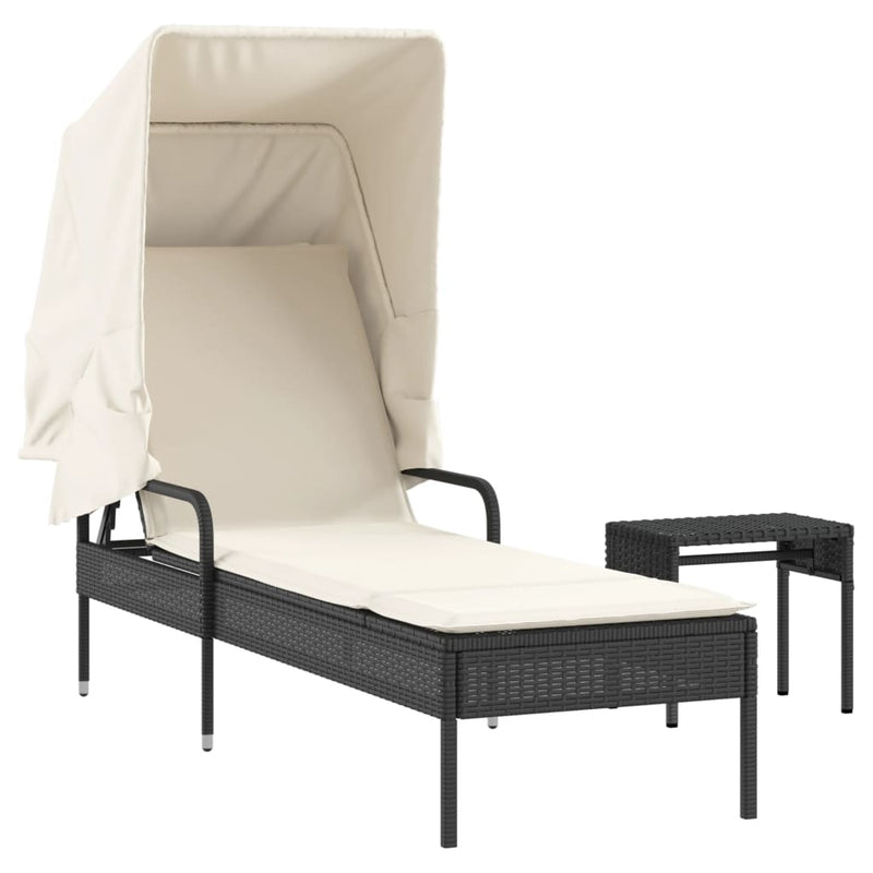 Sun Lounger with Canopy and Table Black Poly Rattan Payday Deals