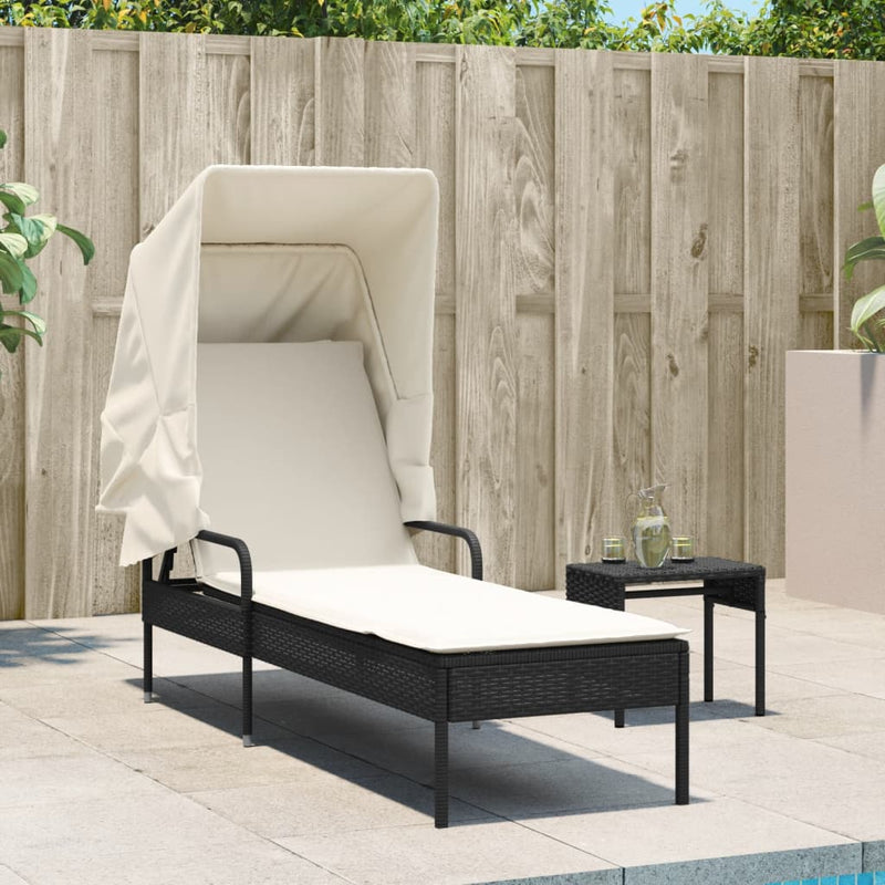 Sun Lounger with Canopy and Table Black Poly Rattan Payday Deals