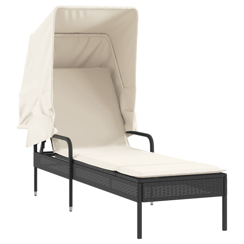 Sun Lounger with Canopy and Table Black Poly Rattan Payday Deals