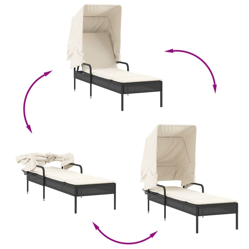 Sun Lounger with Canopy and Table Black Poly Rattan Payday Deals