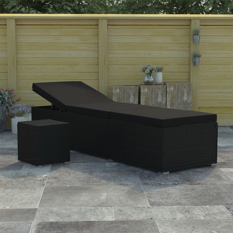 Sun Lounger with Cushion and Tea Table Poly Rattan Black Payday Deals