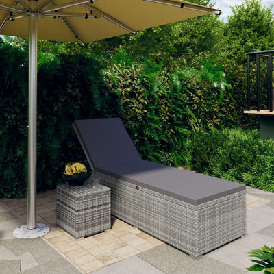 Sun Lounger with Cushion and Tea Table Poly Rattan Grey Payday Deals