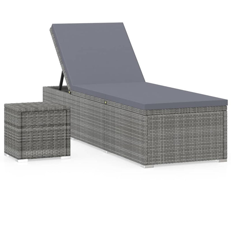 Sun Lounger with Cushion and Tea Table Poly Rattan Grey Payday Deals