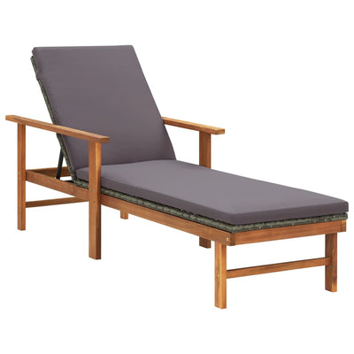 Sun Lounger with Cushion Poly Rattan and Solid Acacia Wood Grey