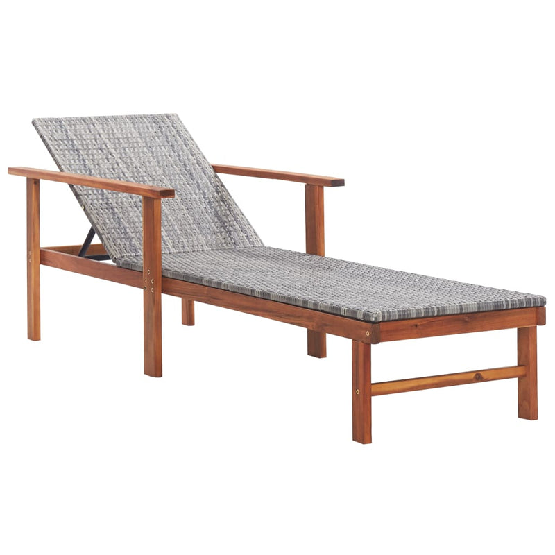 Sun Lounger with Cushion Poly Rattan and Solid Acacia Wood Grey Payday Deals