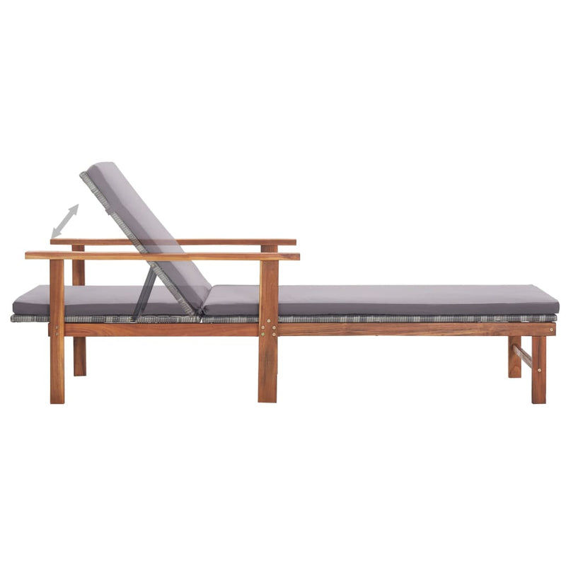 Sun Lounger with Cushion Poly Rattan and Solid Acacia Wood Grey Payday Deals