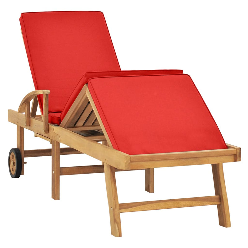 Sun Lounger with Cushion Solid Teak Wood Red Payday Deals
