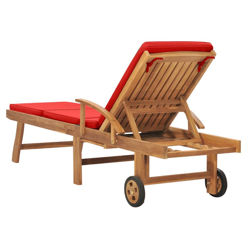 Sun Lounger with Cushion Solid Teak Wood Red Payday Deals