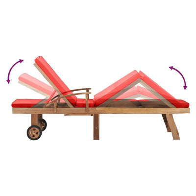 Sun Lounger with Cushion Solid Teak Wood Red Payday Deals