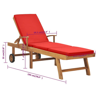 Sun Lounger with Cushion Solid Teak Wood Red Payday Deals