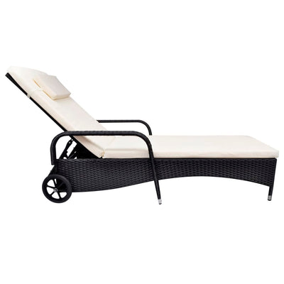 Sun Lounger with Cushion & Wheels Poly Rattan Black Payday Deals