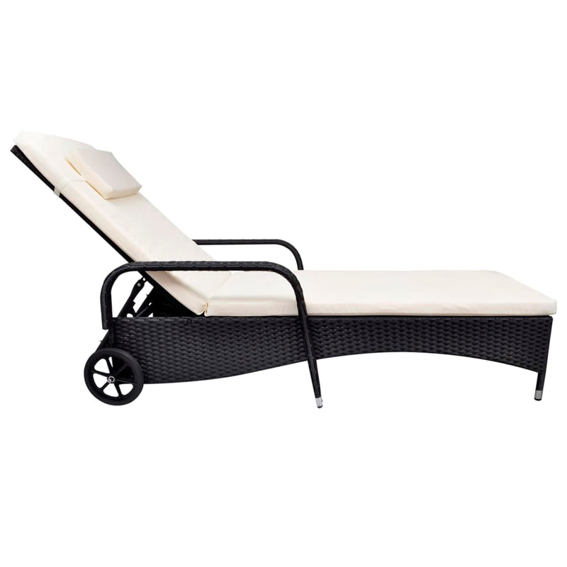 Sun Lounger with Cushion & Wheels Poly Rattan Black Payday Deals