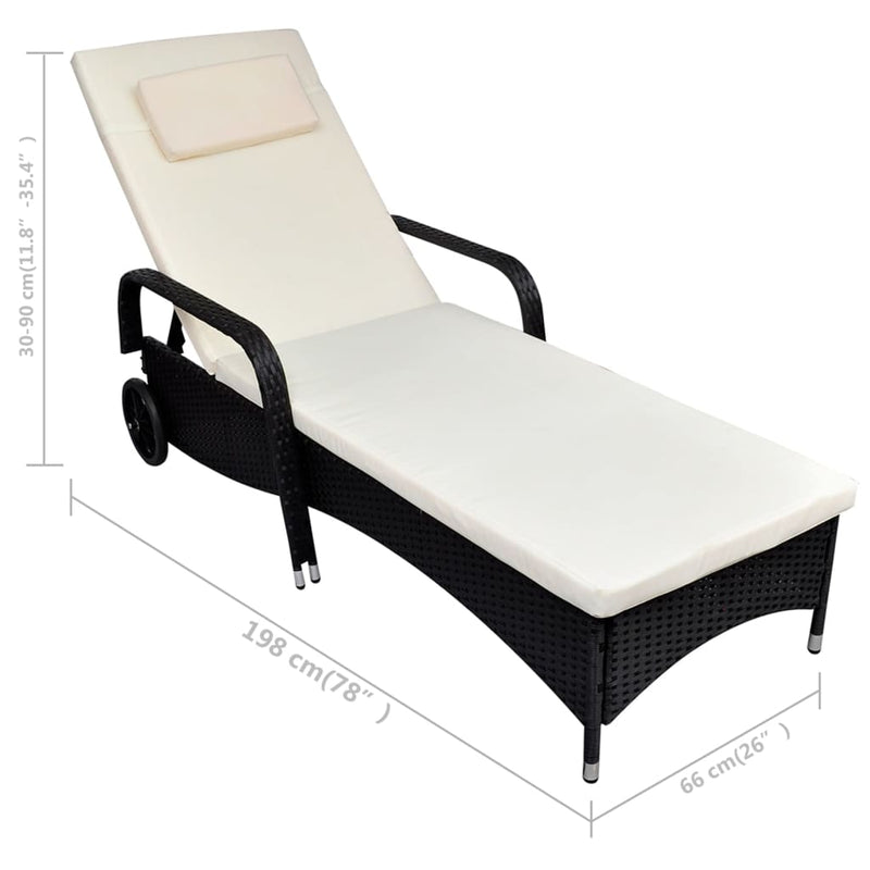 Sun Lounger with Cushion & Wheels Poly Rattan Black Payday Deals