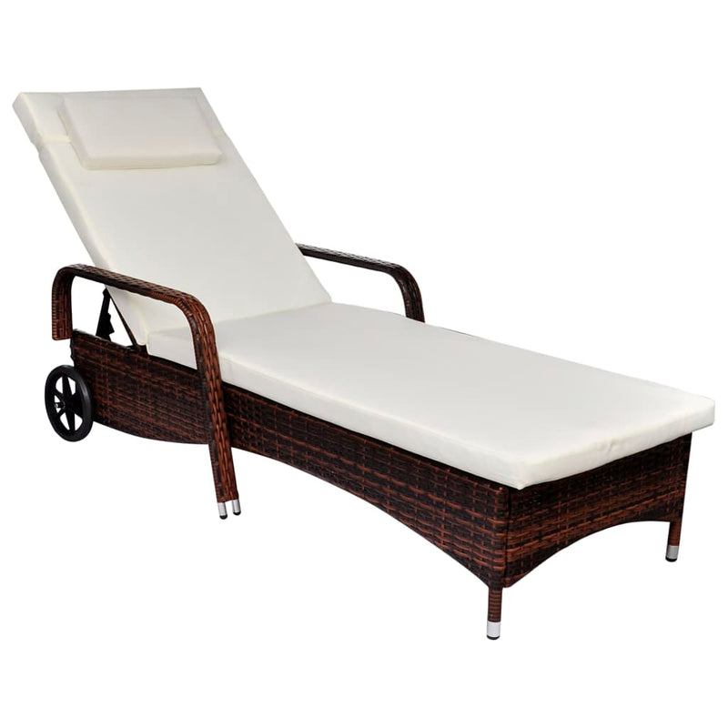 Sun Lounger with Cushion & Wheels Poly Rattan Brown Payday Deals