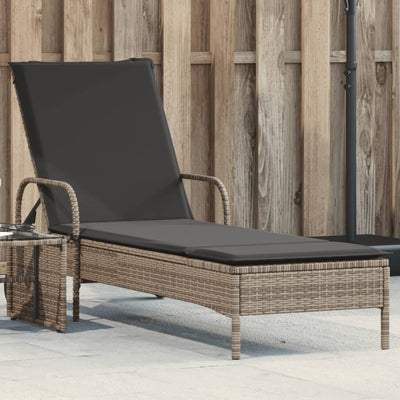 Sun Lounger with Wheels and Cushion Grey Poly Rattan